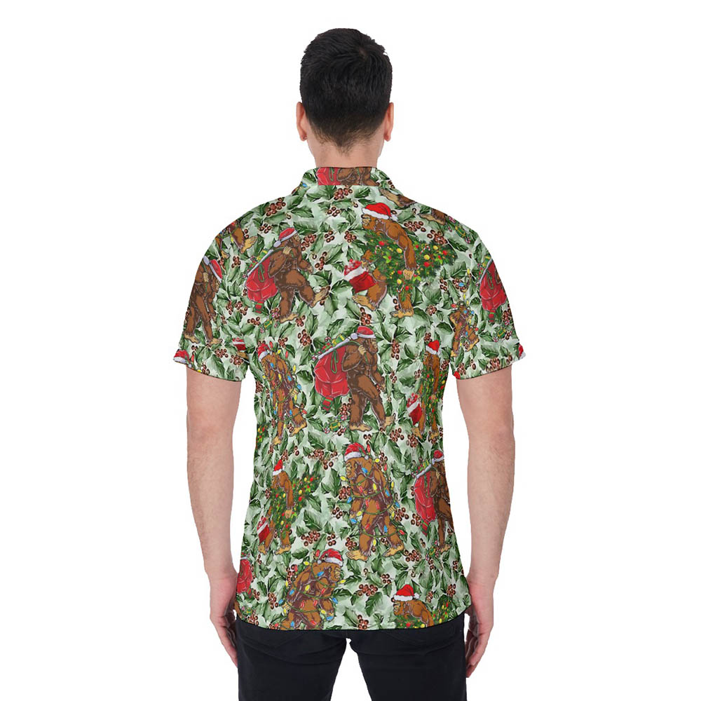Funny Christmas Bigfoot Green Hawaiian Polo Shirt For Men
