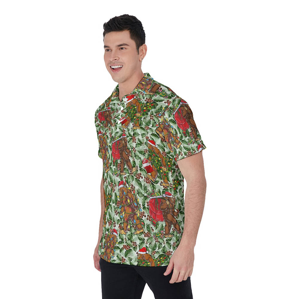 Funny Christmas Bigfoot Green Hawaiian Polo Shirt For Men