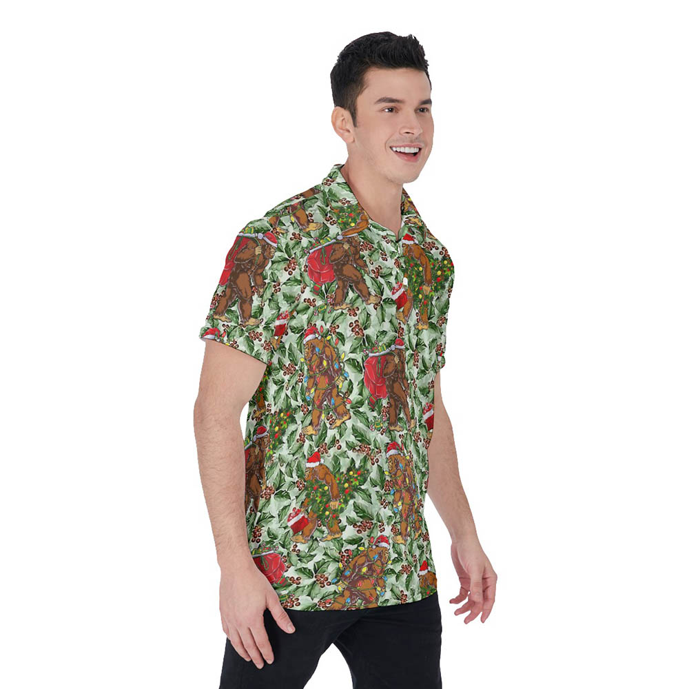 Funny Christmas Bigfoot Green Hawaiian Polo Shirt For Men