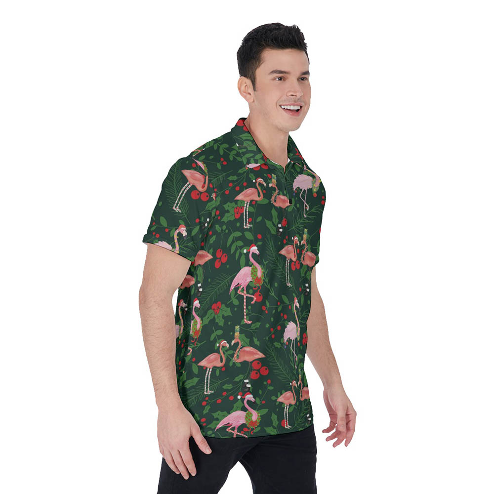 Christmas Flamingo Tropical Holly Green Hawaiian Polo Shirt For Men
