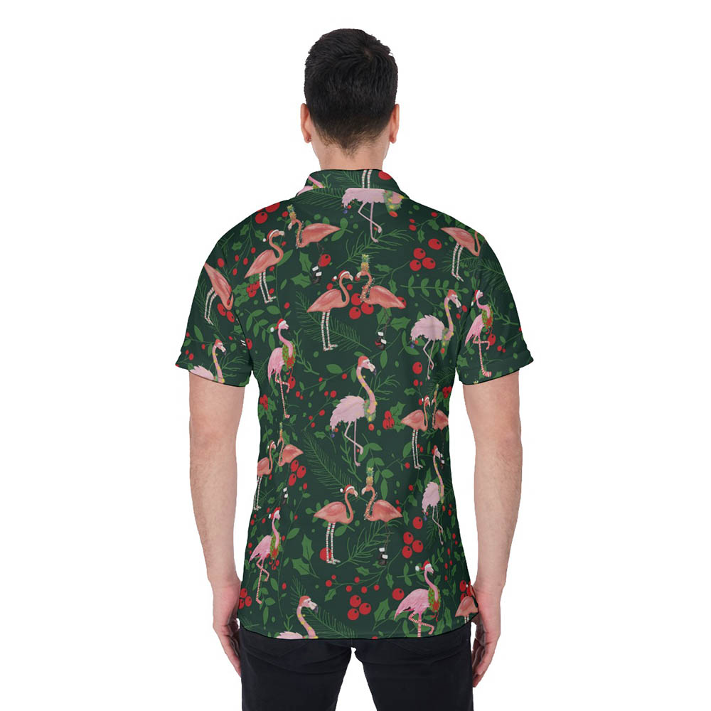 Christmas Flamingo Tropical Holly Green Hawaiian Polo Shirt For Men
