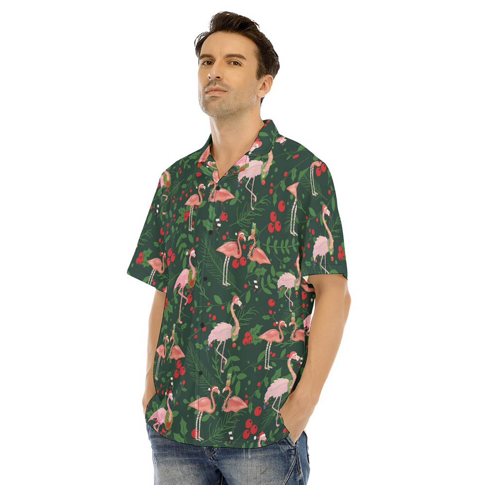 Funny Christmas Flamingo Holly Tropical Green Hawaiian Shirt