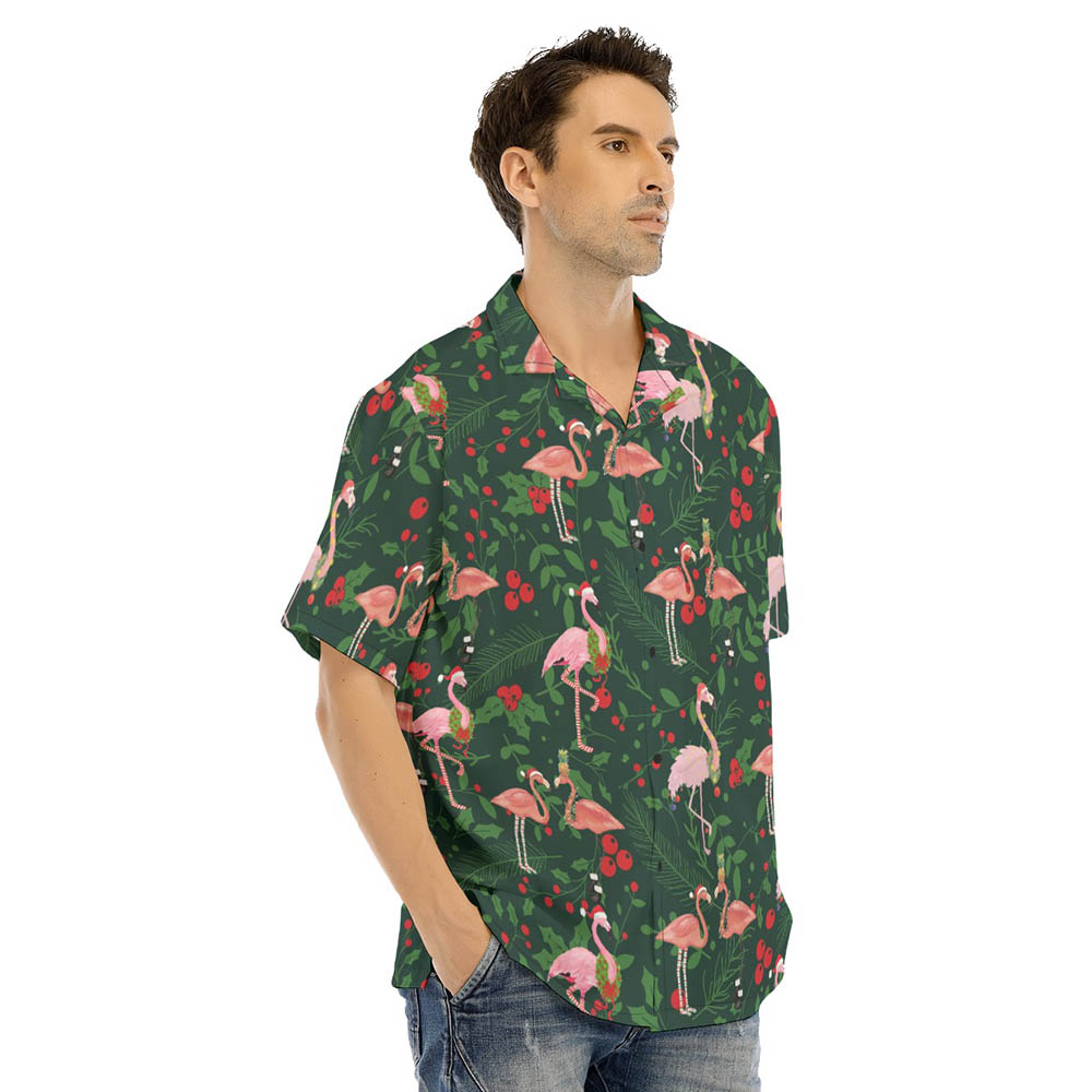 Funny Christmas Flamingo Holly Tropical Green Hawaiian Shirt