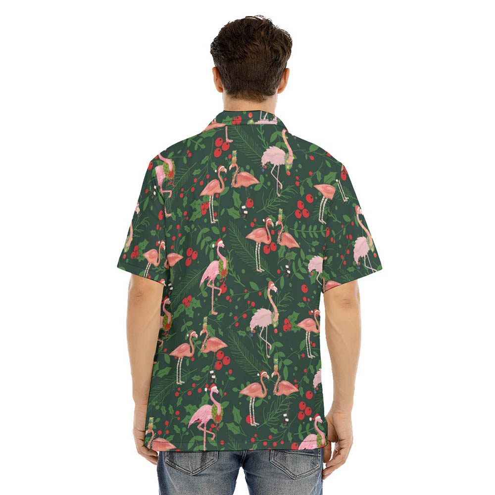 Funny Christmas Flamingo Holly Tropical Green Hawaiian Shirt