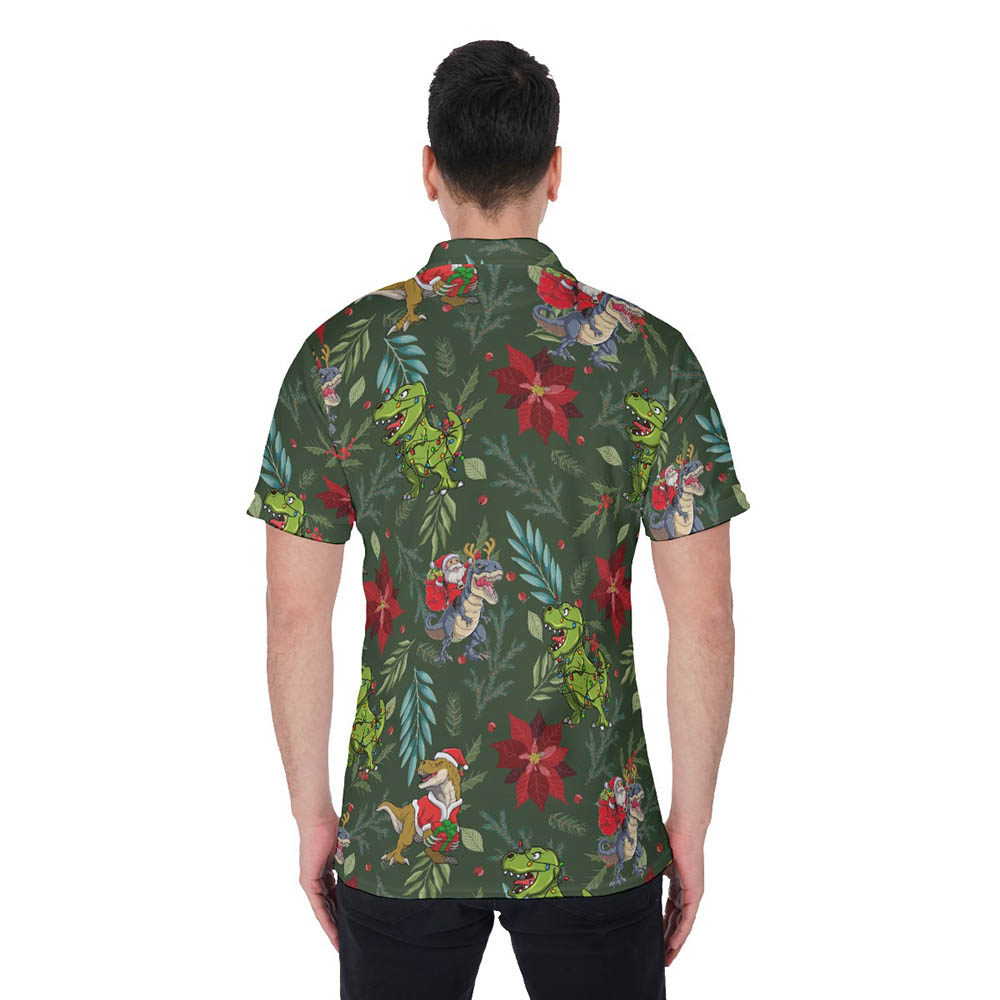 Tropical Christmas Dinosaur Poinsettia Hawaiian Polo Shirt For Men