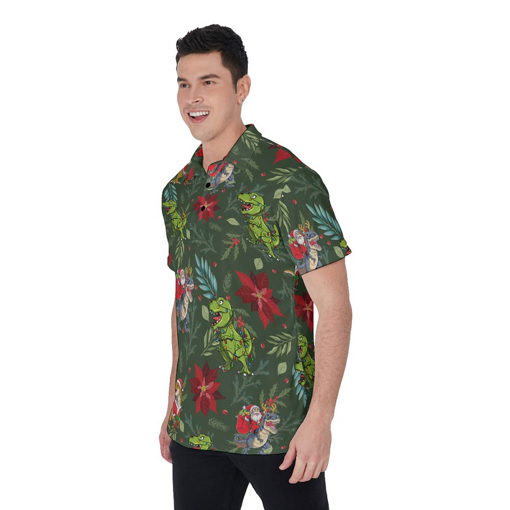 Tropical Christmas Dinosaur Poinsettia Hawaiian Polo Shirt For Men