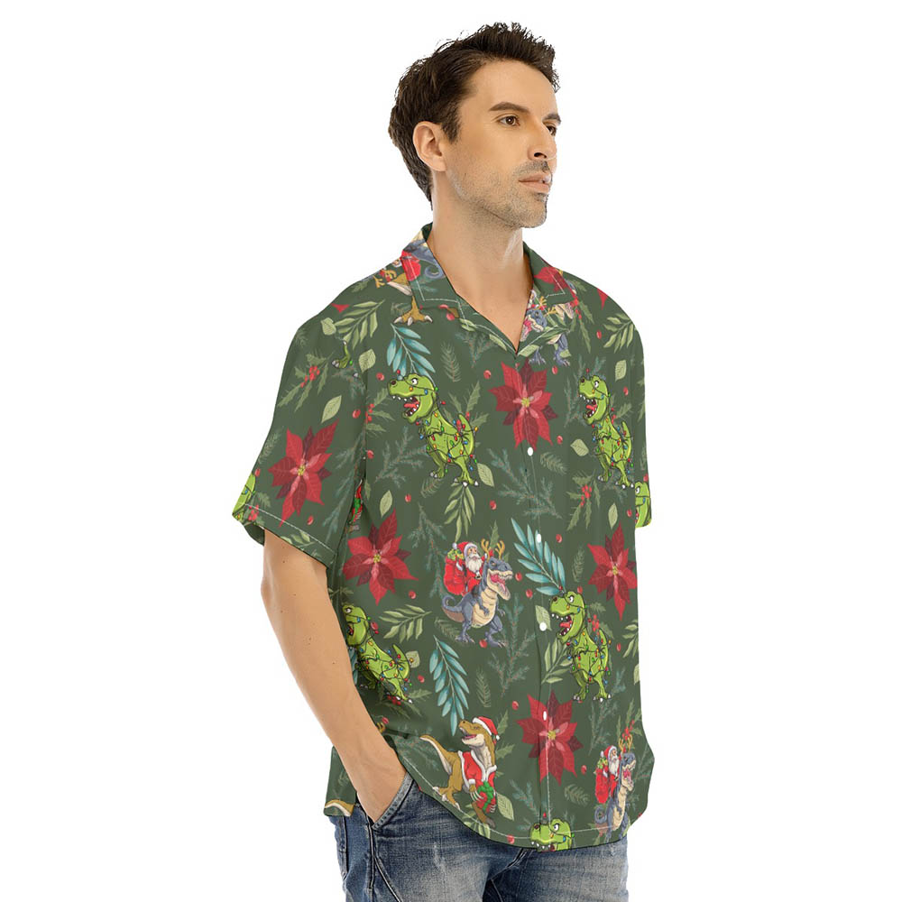 Funny Dinosaur Christmas Poinsettia Green Hawaiian Shirt