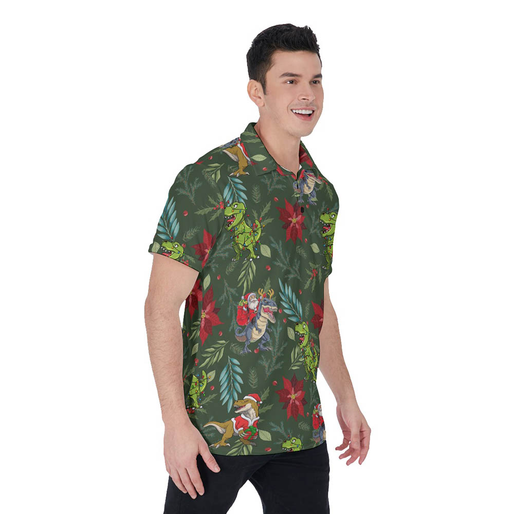 Tropical Christmas Dinosaur Poinsettia Hawaiian Polo Shirt For Men