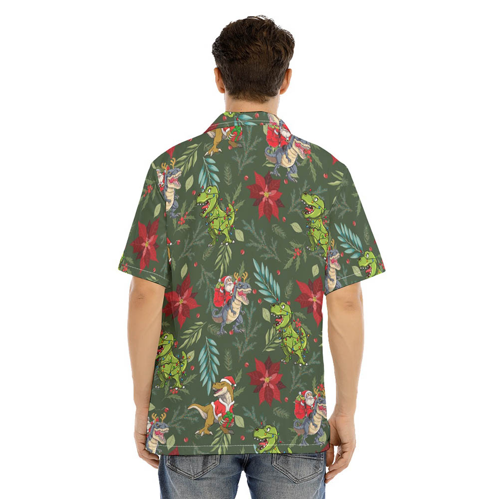 Funny Dinosaur Christmas Poinsettia Green Hawaiian Shirt