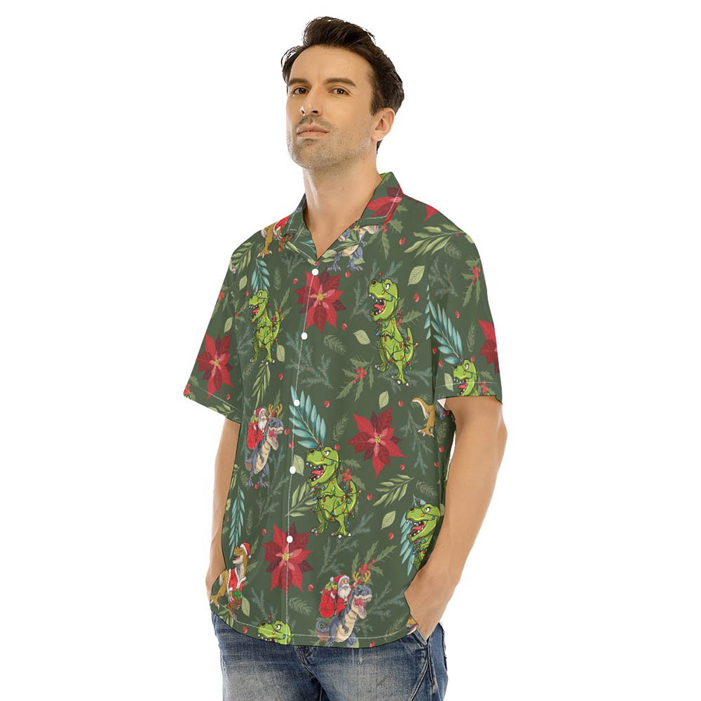 Funny Dinosaur Christmas Poinsettia Green Hawaiian Shirt
