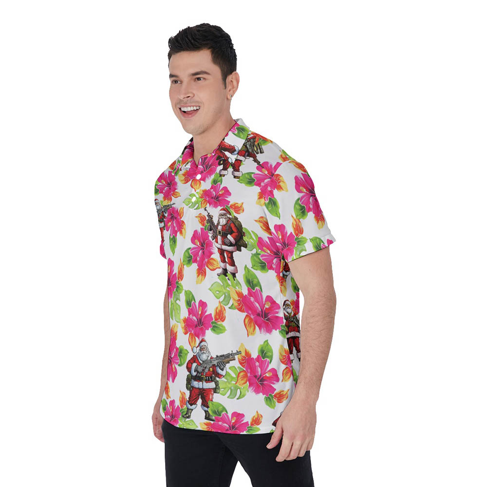 Christmas Santa Tactical Hibiscus Hawaiian Polo Shirt