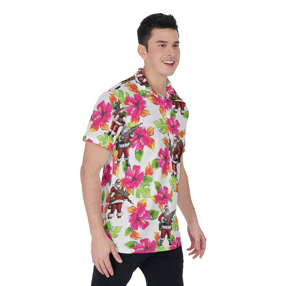 Christmas Santa Tactical Hibiscus Hawaiian Polo Shirt