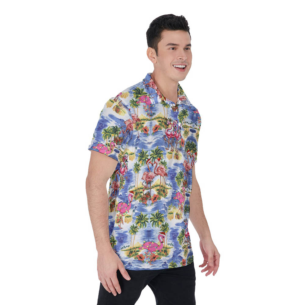 Tropical Christmas Flamingo Palm Tree Hawaiian Men's Polo Shirt
