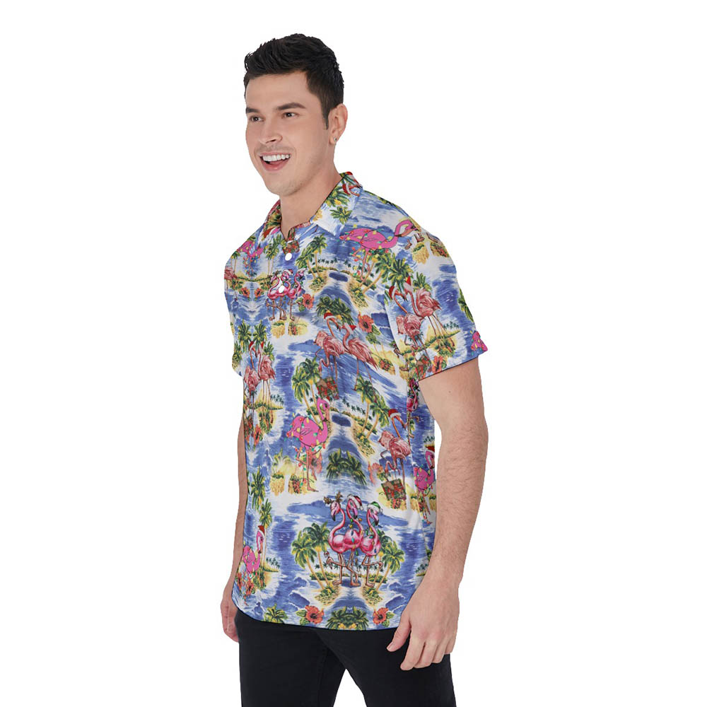 Tropical Christmas Flamingo Palm Tree Hawaiian Men's Polo Shirt