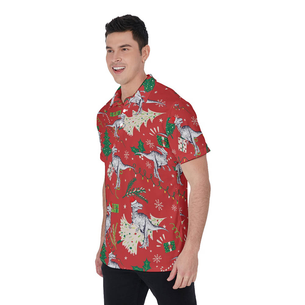 Christmas Dinosaur Red Hawaiian Polo Golf Shirt For Men