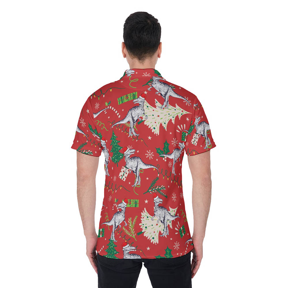 Christmas Dinosaur Red Hawaiian Polo Golf Shirt For Men