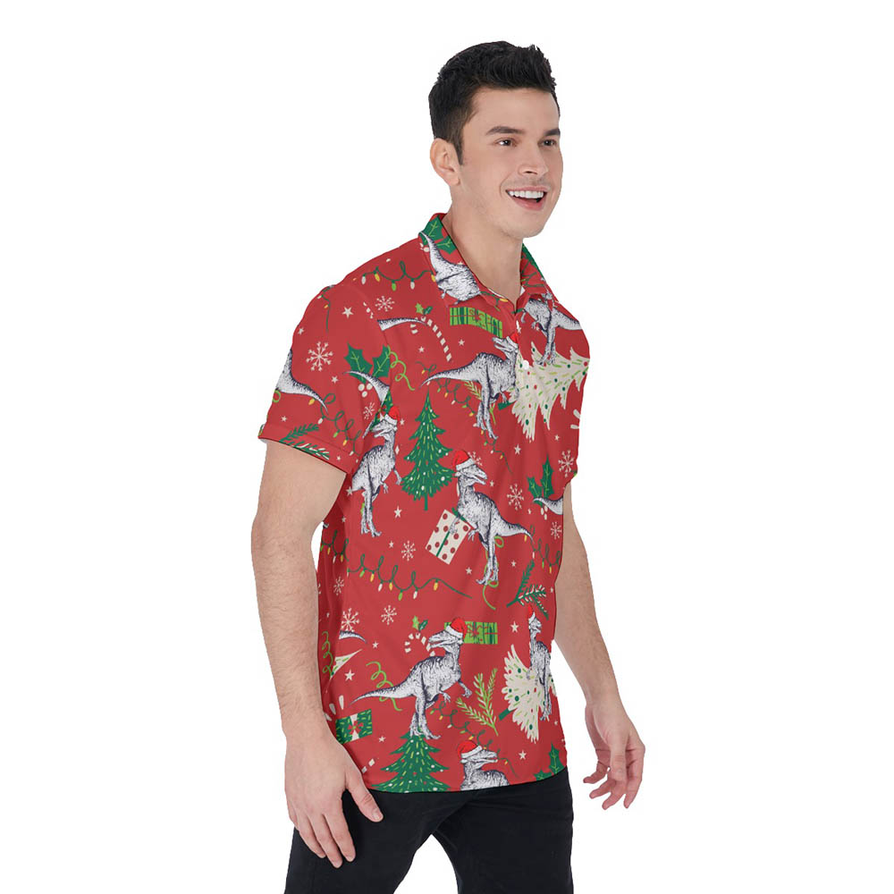 Christmas Dinosaur Red Hawaiian Polo Golf Shirt For Men