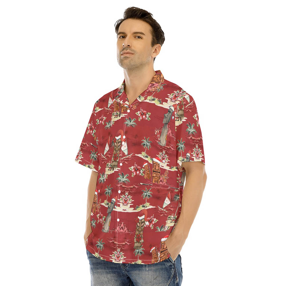Vintage Tiki Christmas Tropical Red Hawaiian Shirt