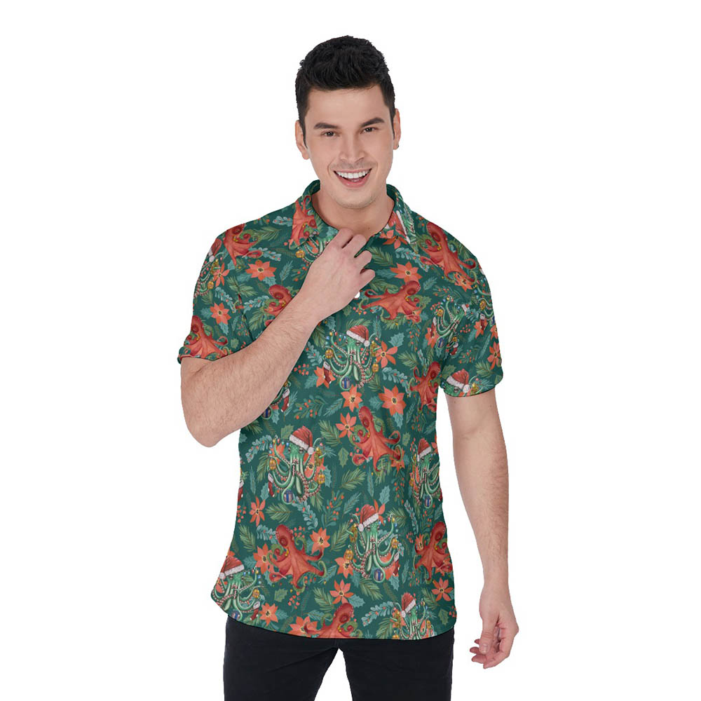 Funny Christmas Octopus Floral Green Hawaiian Polo Shirt For Men - variant image 1