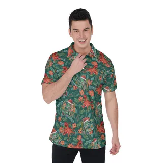 Funny Christmas Octopus Floral Green Hawaiian Polo Shirt For Men