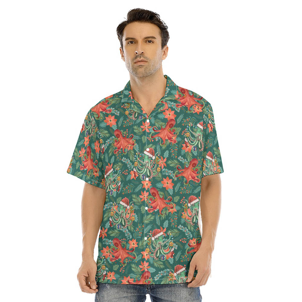 Funny Christmas Octopus Poinsettia Floral Hawaiian Shirt - variant image 1