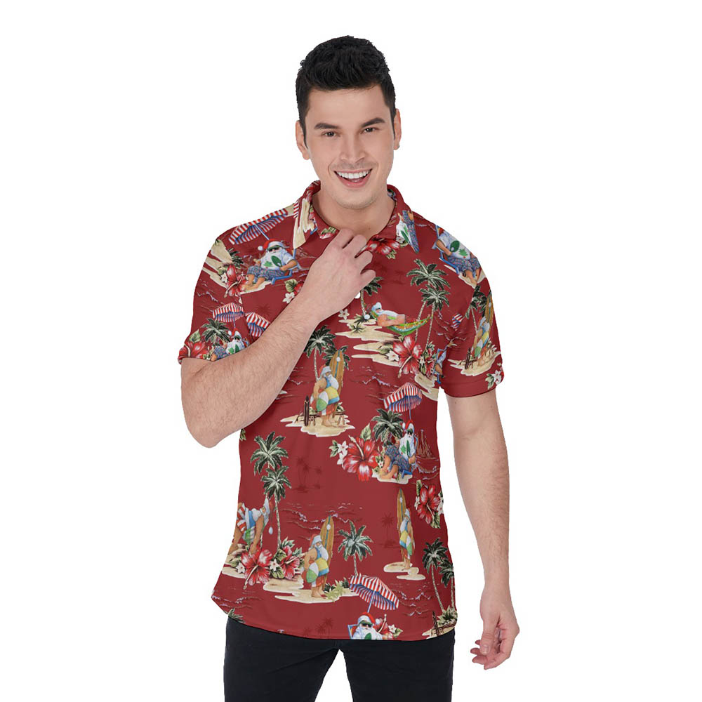 Christmas Santa On Beach Red Hawaiian Polo Shirt - variant image 1