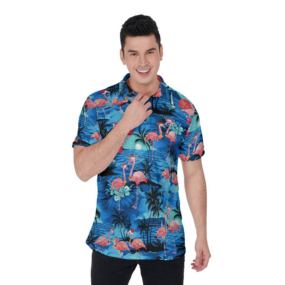 Tropical Blue Beach Christmas Flamingo Hawaiian Polo Shirt For Men - variant image 1
