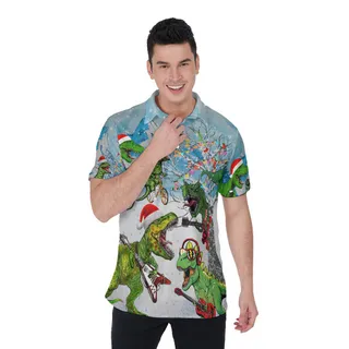 Funny Guitar Dinosaur Christmas Hawaiian Polo Shirt For Men