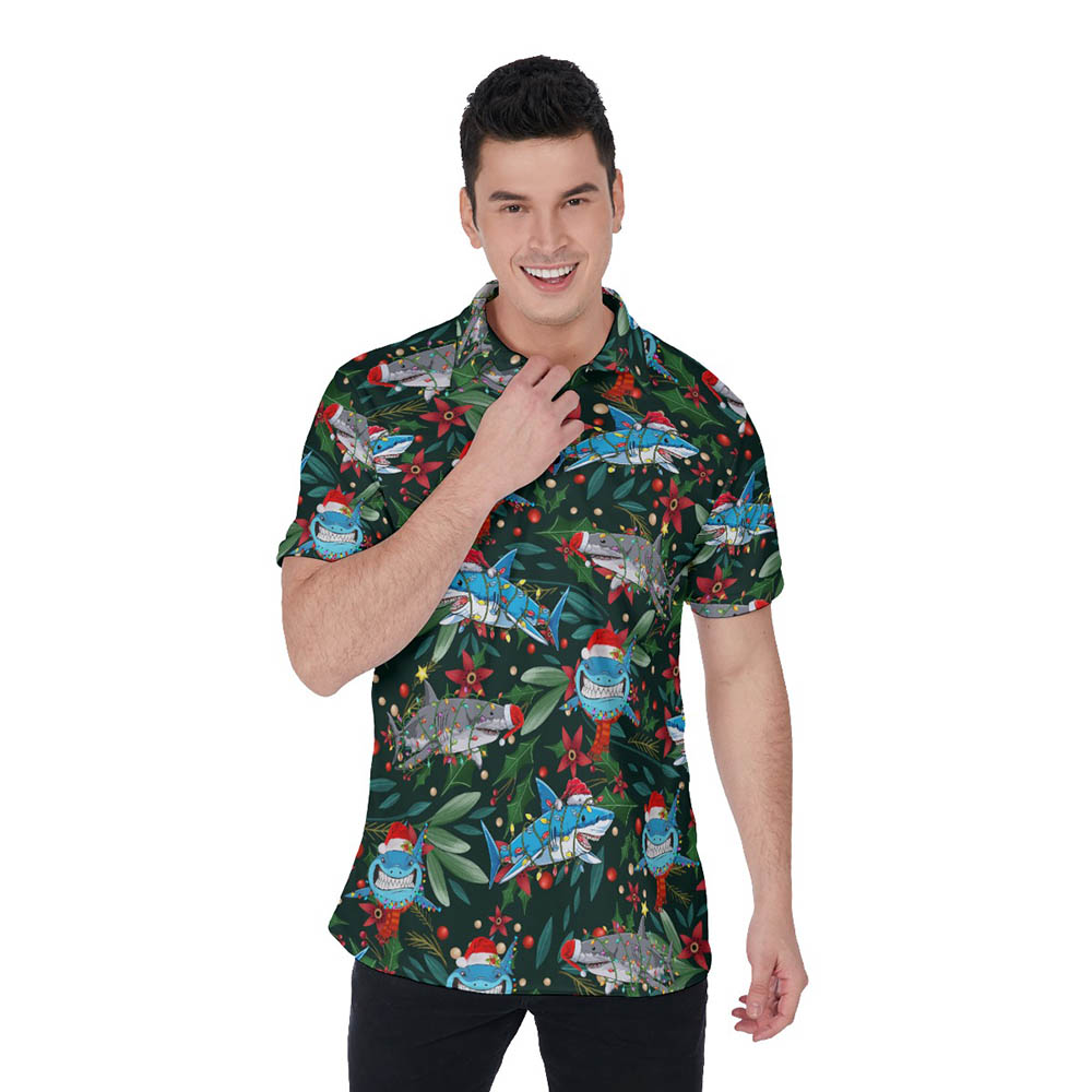 Funny Christmas Shark Floral Holly Hawaiian Polo Shirt For Men - variant image 1