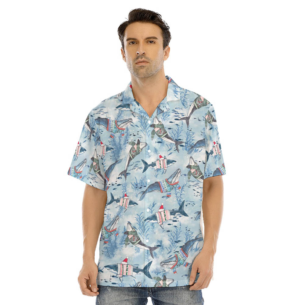 Christmas Whale Blue Hawaiian Shirt - variant image 1