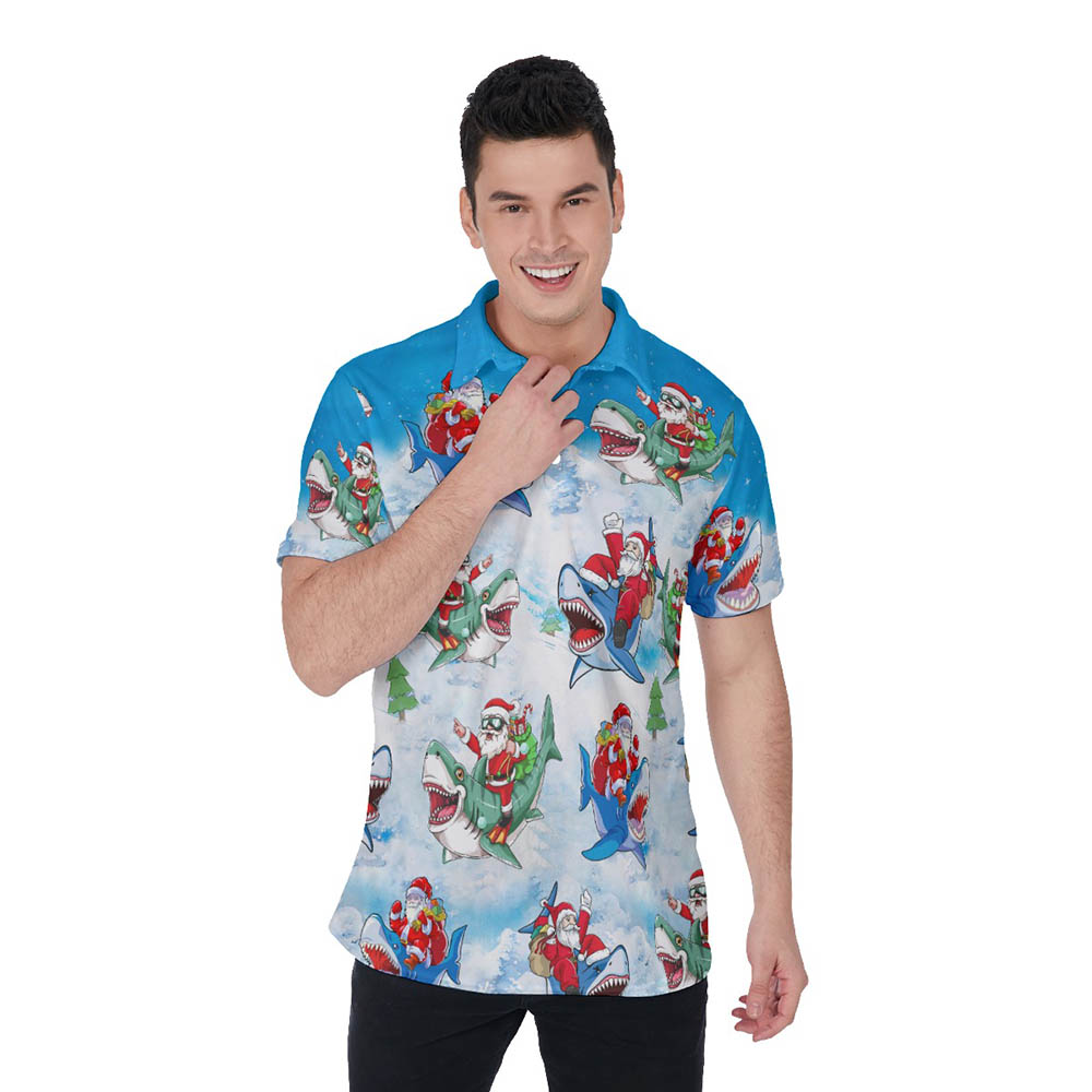 Funny Santa Riding Shark Christmas Hawaiian Polo Shirt - variant image 1