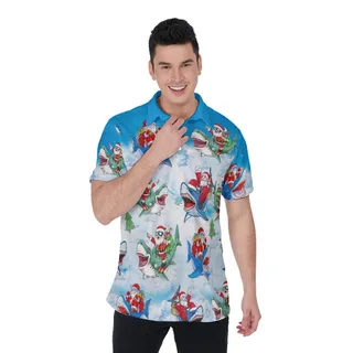 Funny Santa Riding Shark Christmas Hawaiian Polo Shirt