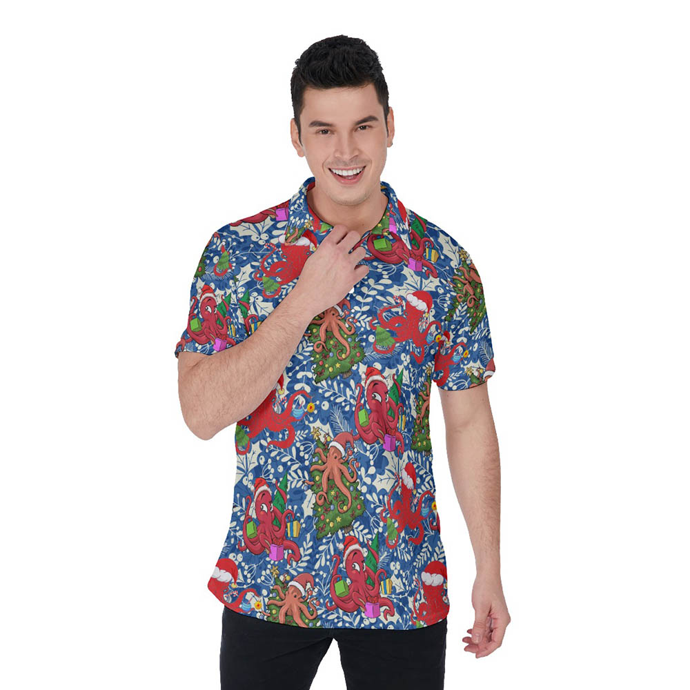 Holly Octopus Christmas Blue Hawaiian Polo Golf Shirt - variant image 1