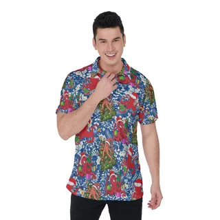 Holly Octopus Christmas Blue Hawaiian Polo Golf Shirt