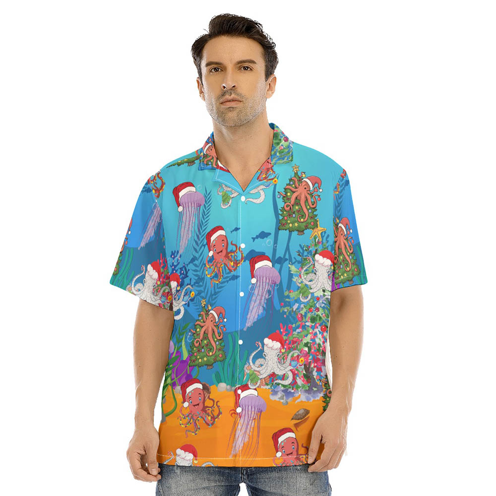 Funny Christmas Octopus Blue Men's Hawaiian Shirt - variant image 1