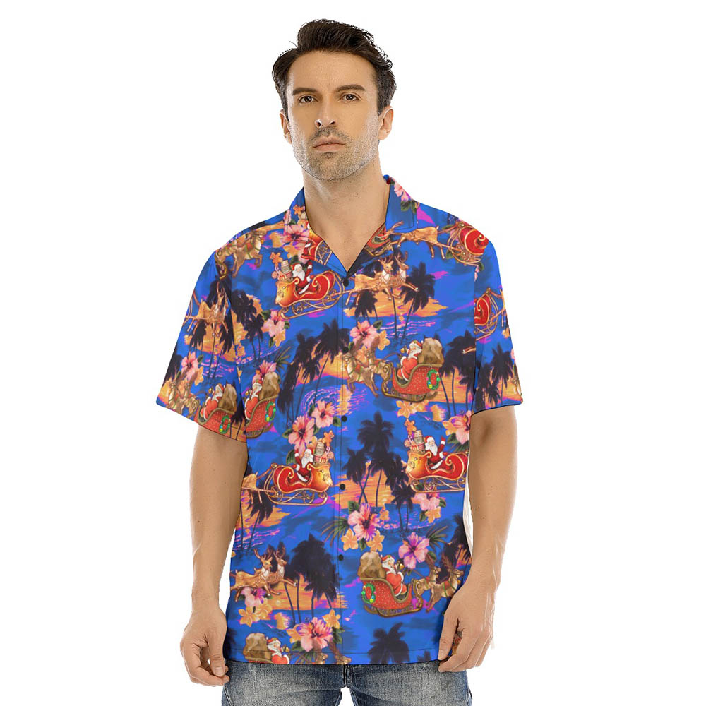 Christmas Santa Riding Sleigh Tropical Sunset Beach Blue Hawaiian Shirt - variant image 1
