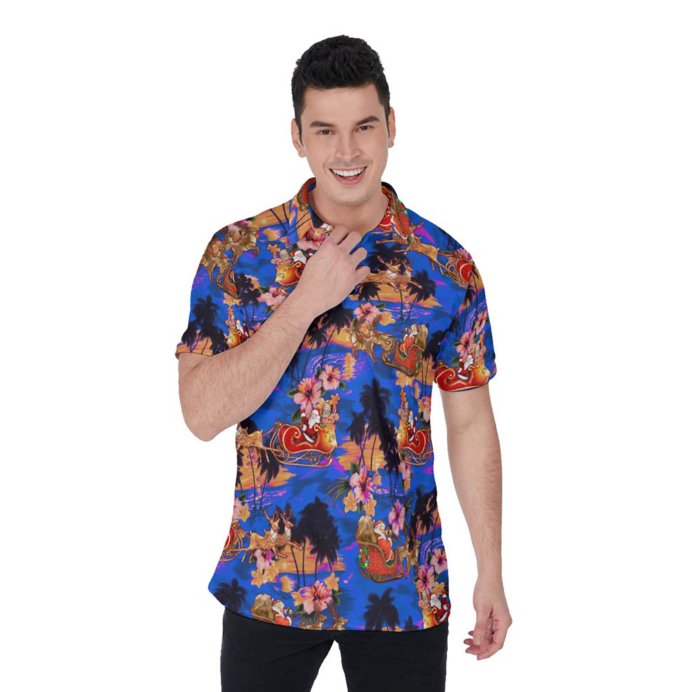 Santa Riding Sleigh Vintage Tropical Hawaiian Polo Shirt For Men - variant image 1