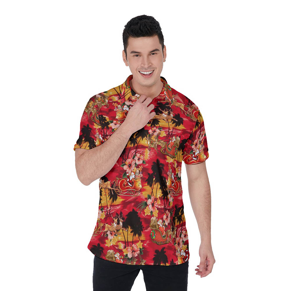 Christmas Santa Riding Sleigh Tropical Classic Hawaiian Polo Shirt For Men - variant image 1