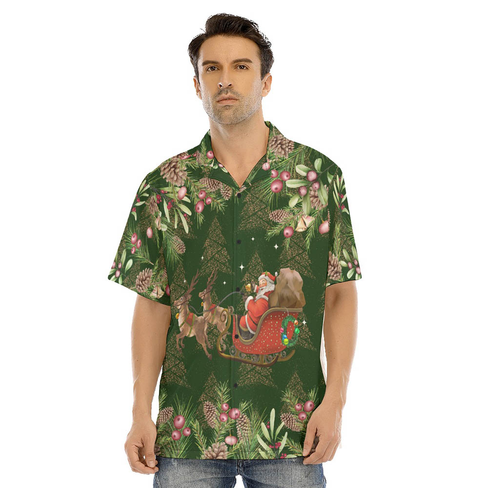 Christmas Santa Riding Sleigh Tropical Green Classic Hawaiian Shirt - variant image 1
