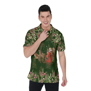 Classic Santa Claus Riding Sleigh Floral Green Hawaiian Polo Shirt
