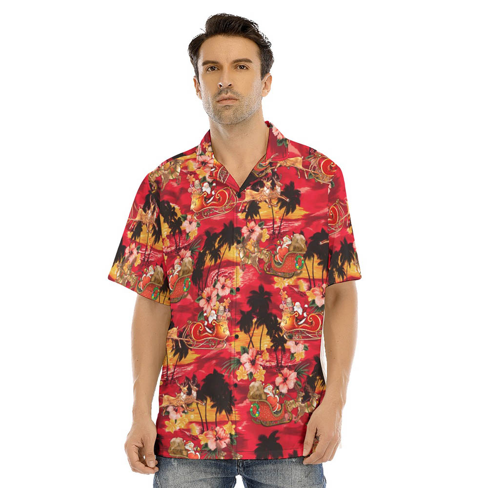 Tropical Sunset Beach Santa Riding Sleigh Red Hawaiian Shirt - variant image 1