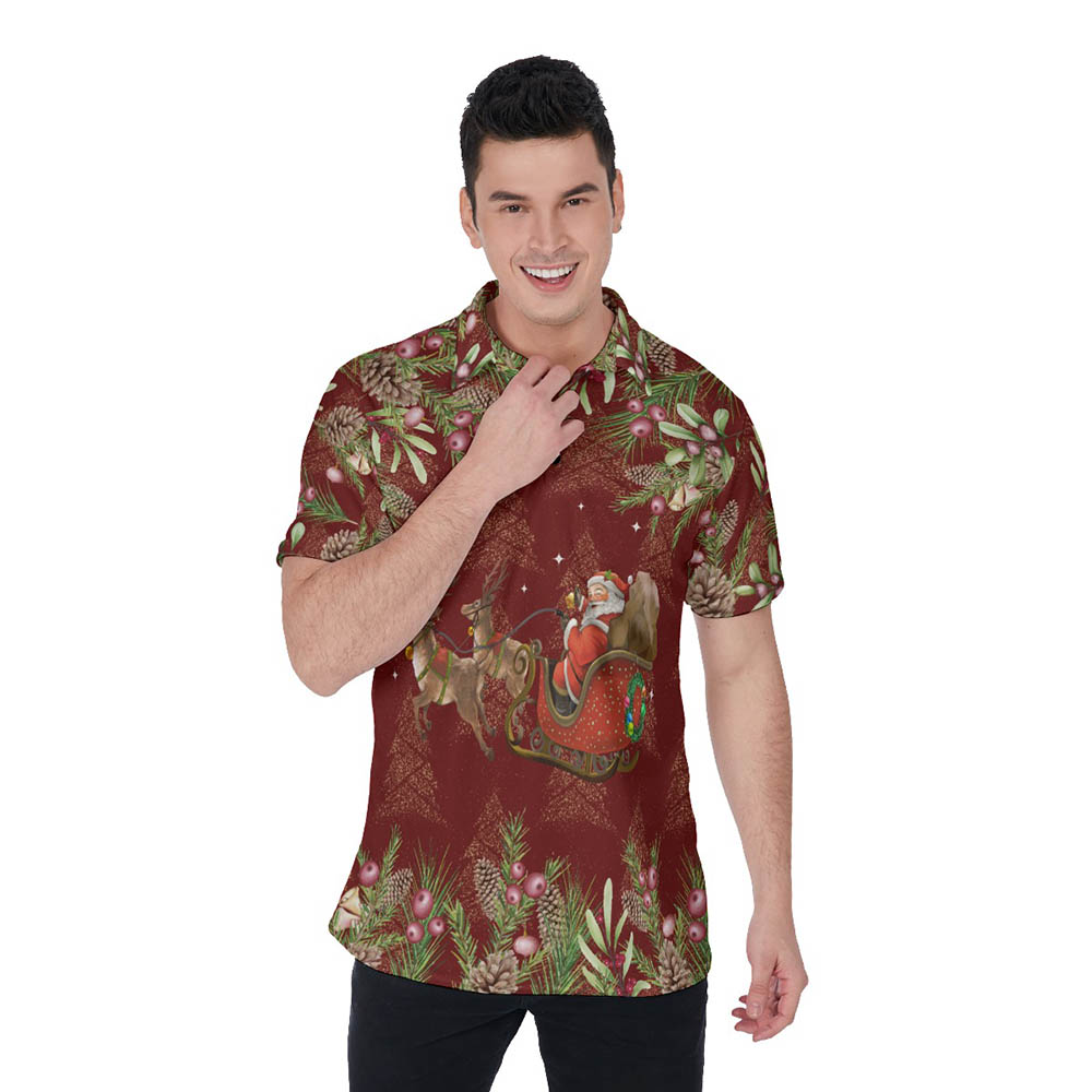 Santa Riding Sleigh Vintage Floral Red Hawaiian Polo Shirt For Men - variant image 1