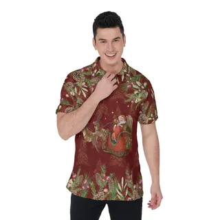 Santa Riding Sleigh Vintage Floral Red Hawaiian Polo Shirt For Men