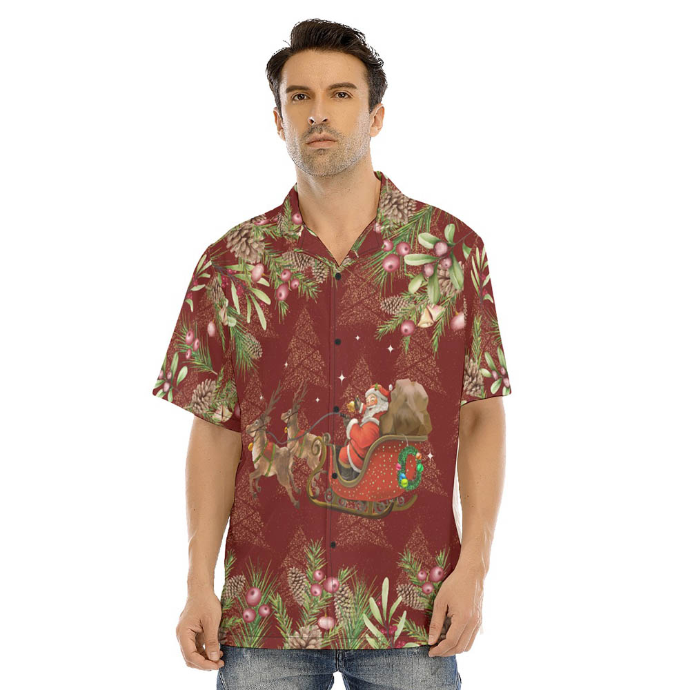 Santa Claus Riding Sleigh Tropical Classic Red Hawaiian Shirt For Men - variant image 1