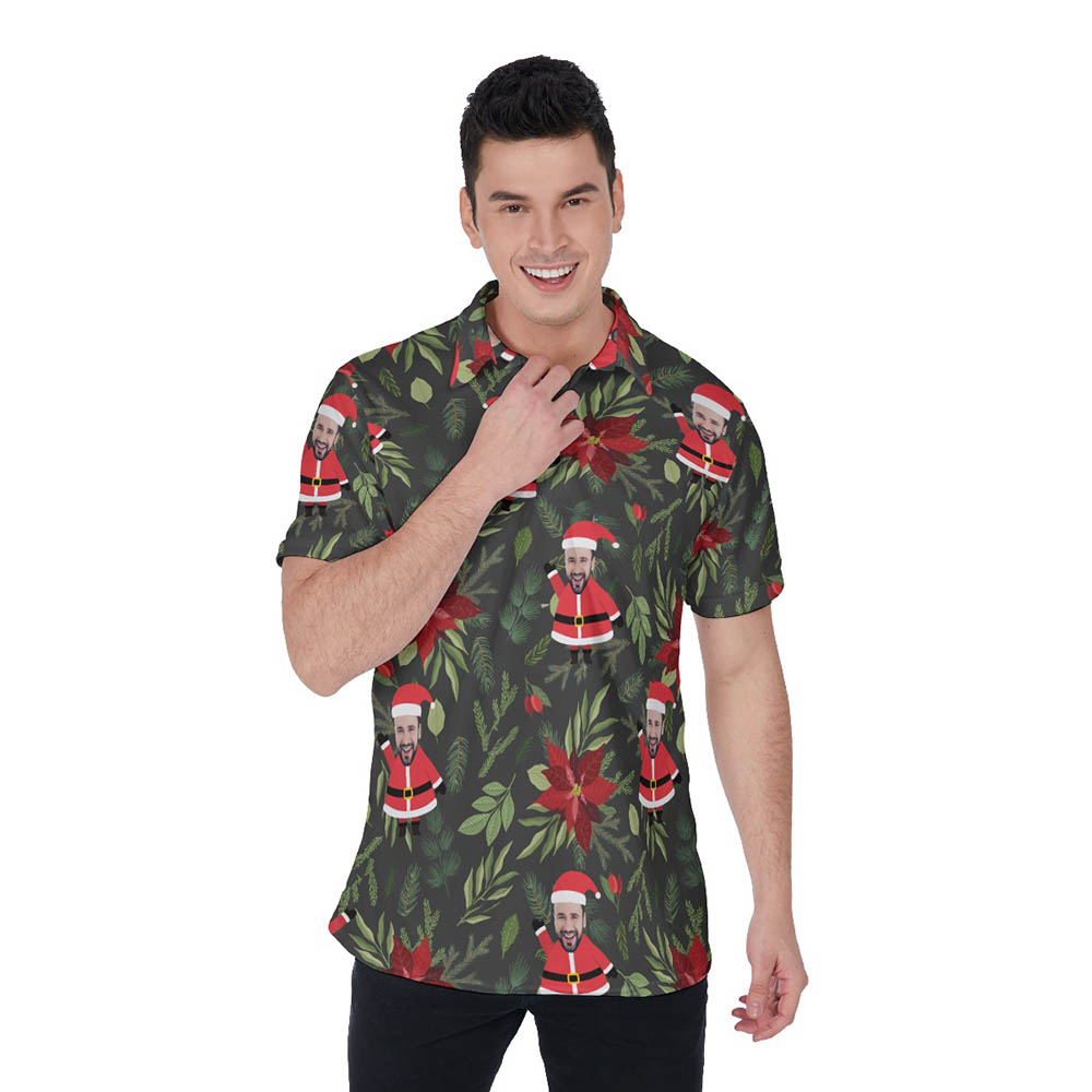 Poinsettia Tropical Santa Hawaiian Polo Shirt With Custom Face