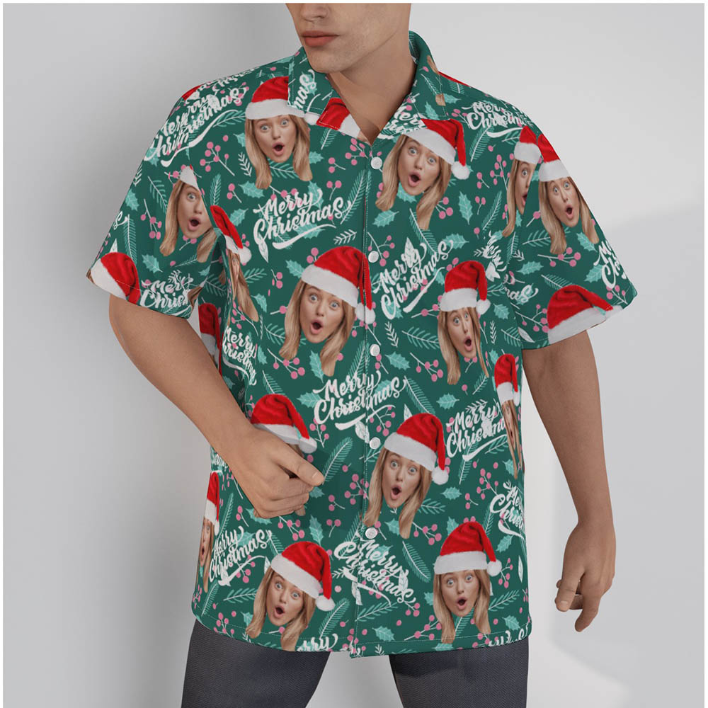 Funny Custom Face Merry Christmas Green Hawaiian Shirt - variant image 1