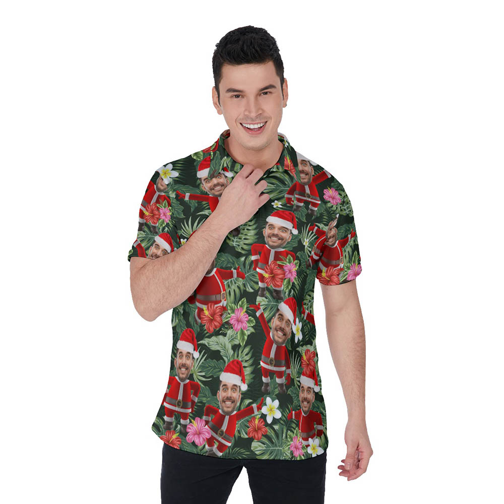 Funny Santa Claus With Custom Face Tropical Christmas Hawaiian Polo Shirt For Men