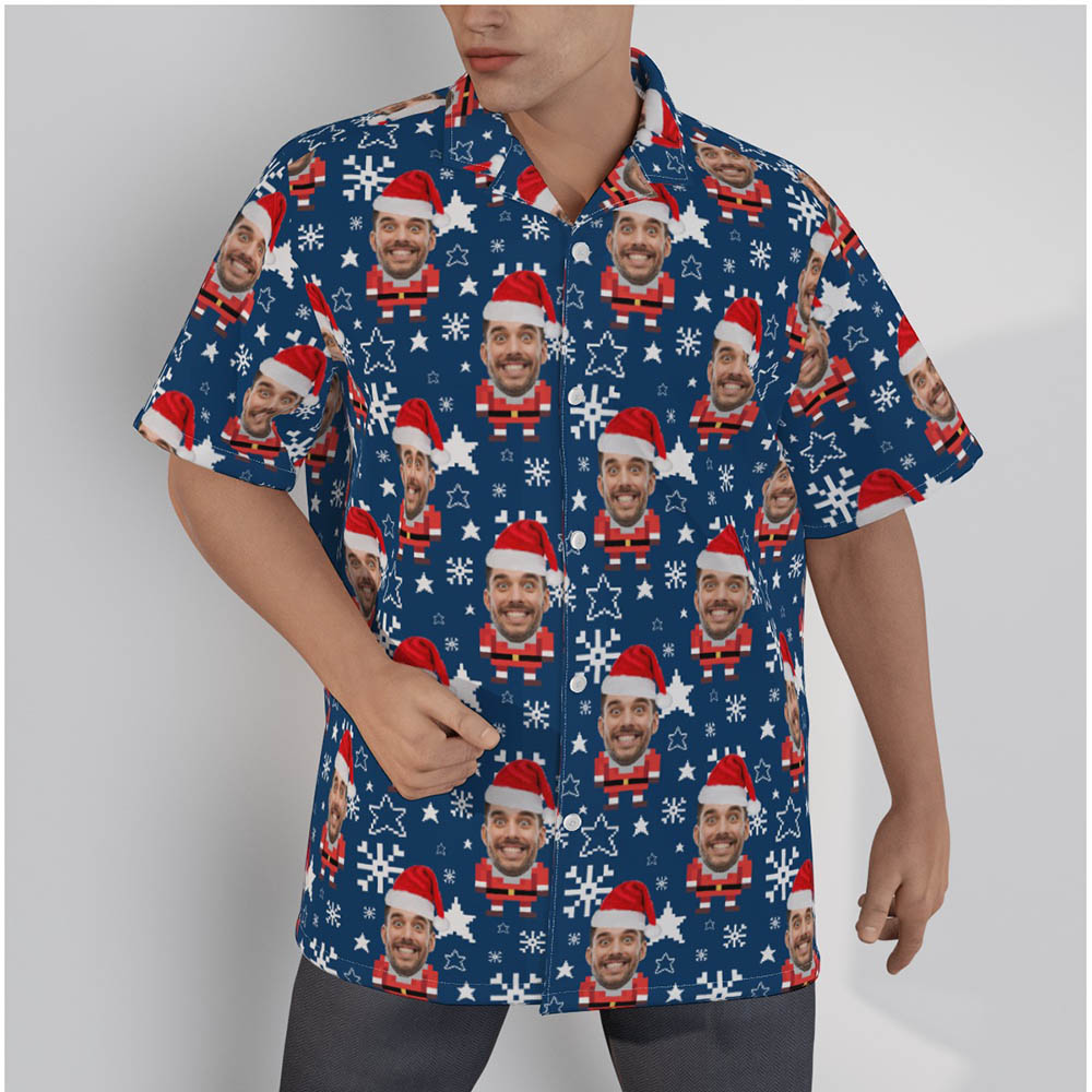 Funny Custom Face Santa Claus Pixel Art Christmas Men's Hawaiian Shirt - variant image 1