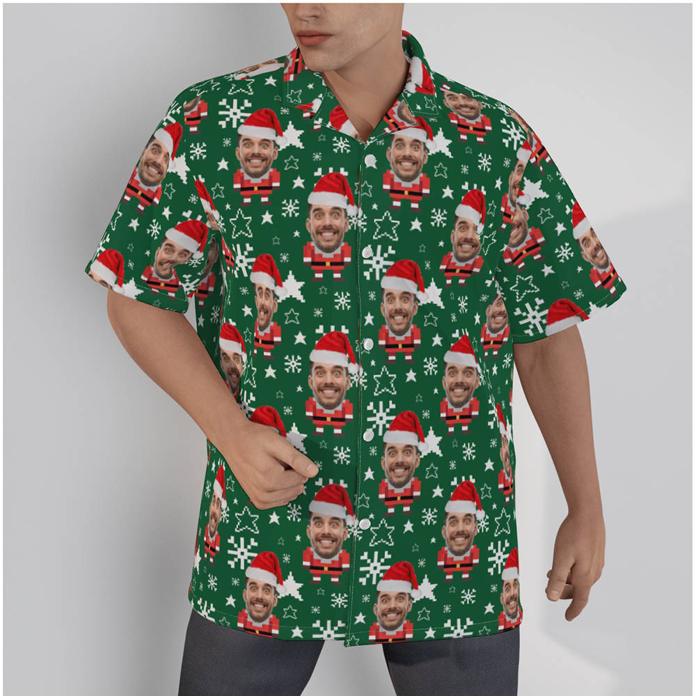 Funny Custom Face Pixel Art Santa Claus Christmas Green Hawaiian Shirt - variant image 1