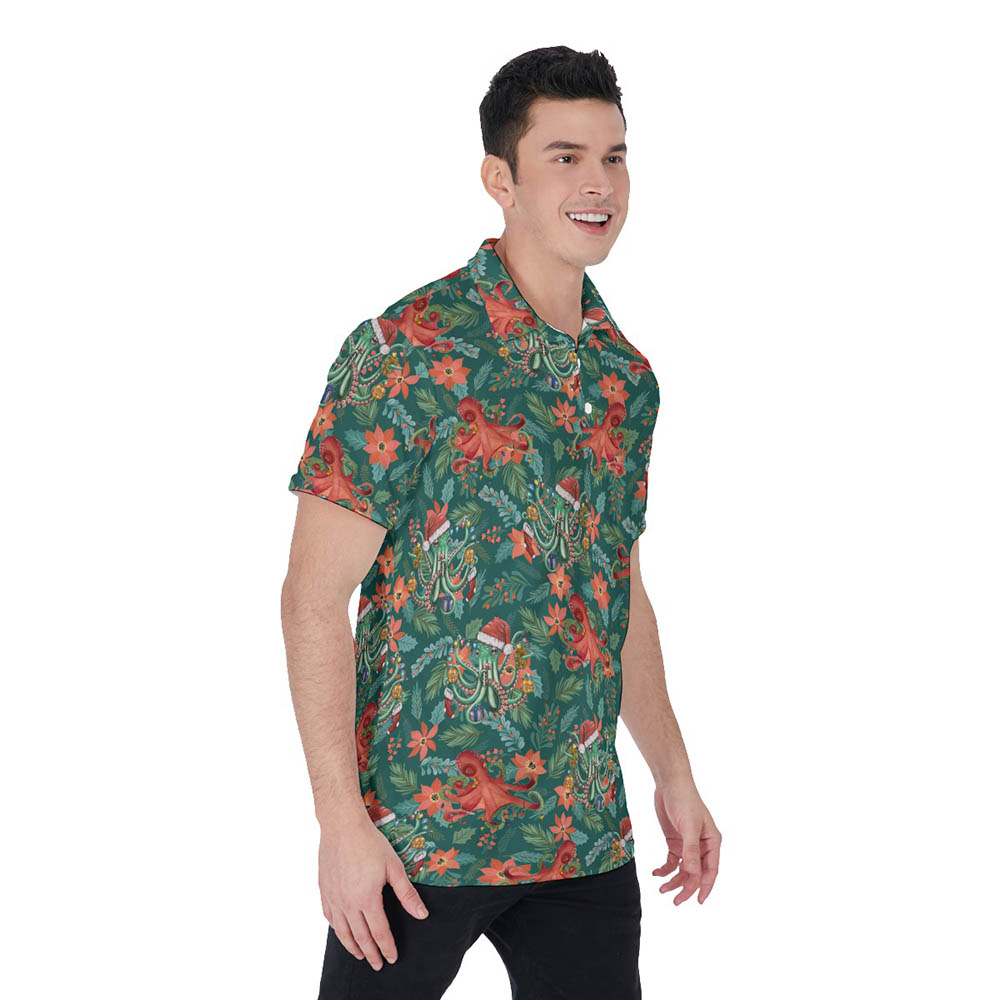 Funny Christmas Octopus Floral Green Hawaiian Polo Shirt For Men